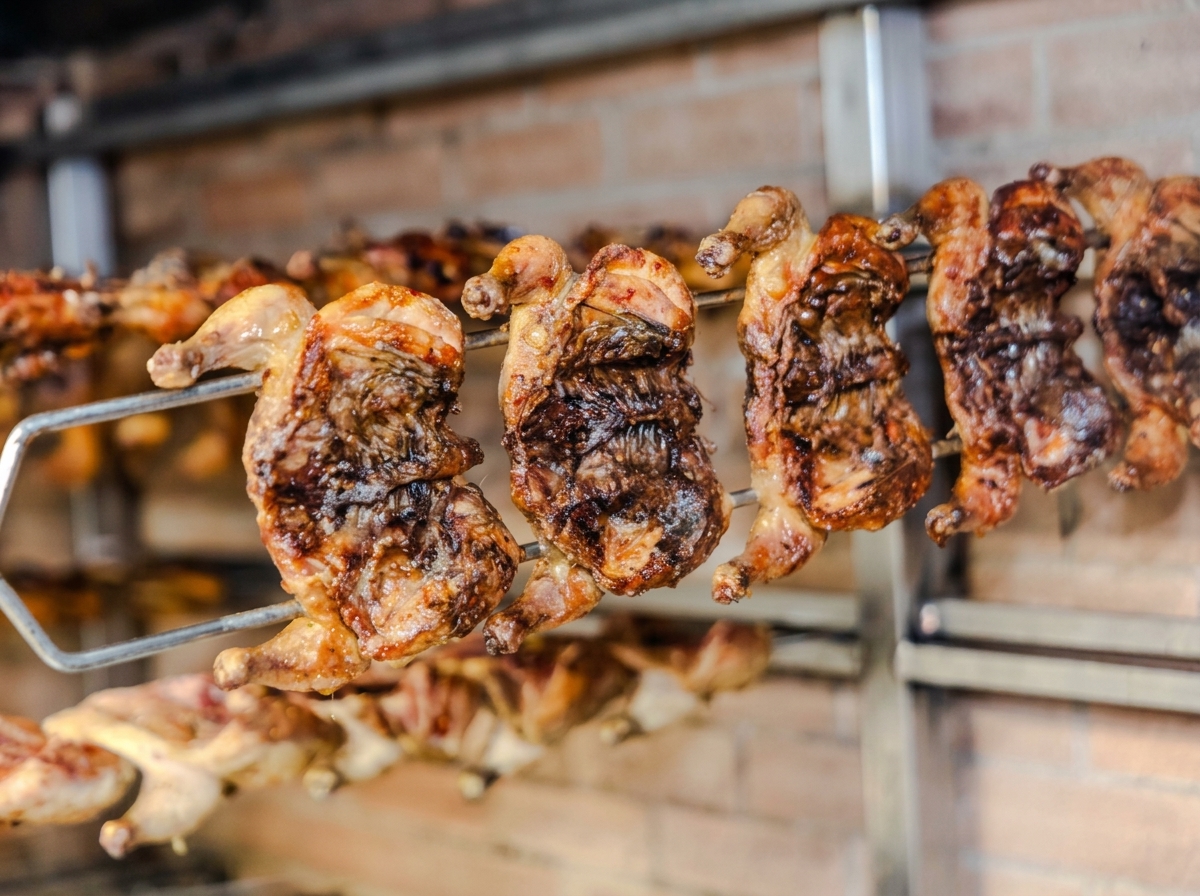 Hähnchen auf dem Grill zwischen Rauch und Glut