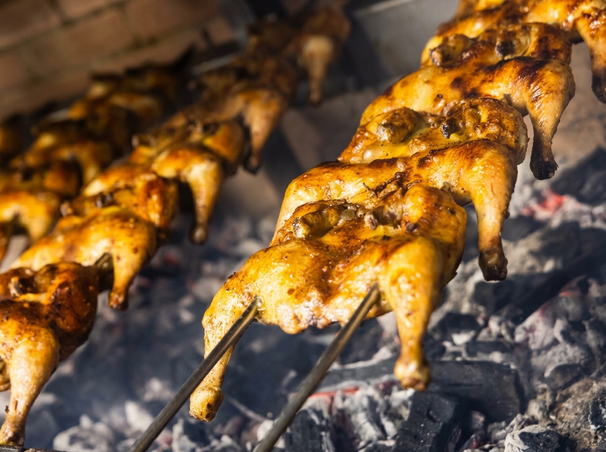 Goldbraune Hähnchen über der Glut