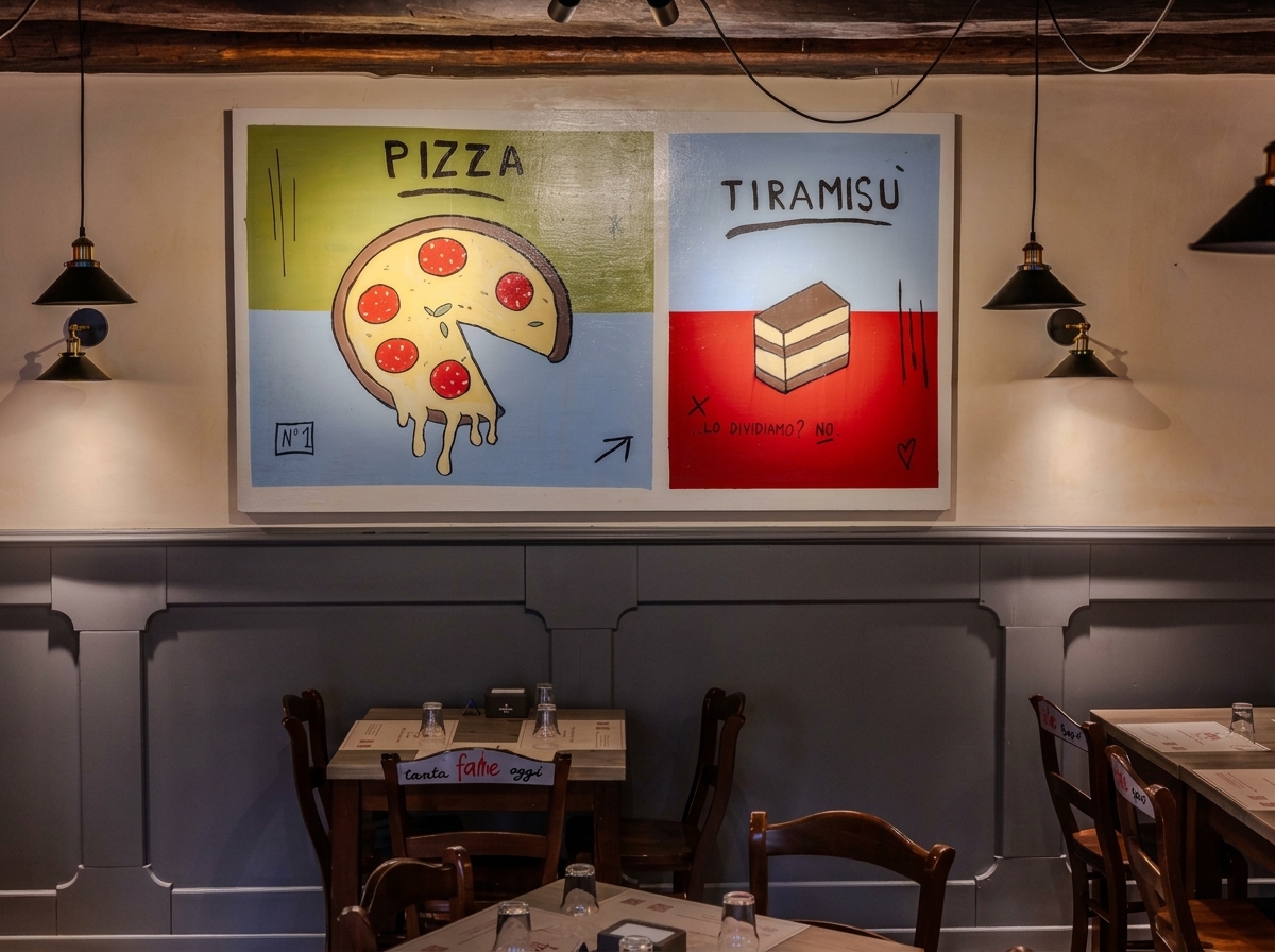 Handgefertigte Illustrationen von Pizza und Tiramisu im Gastraum